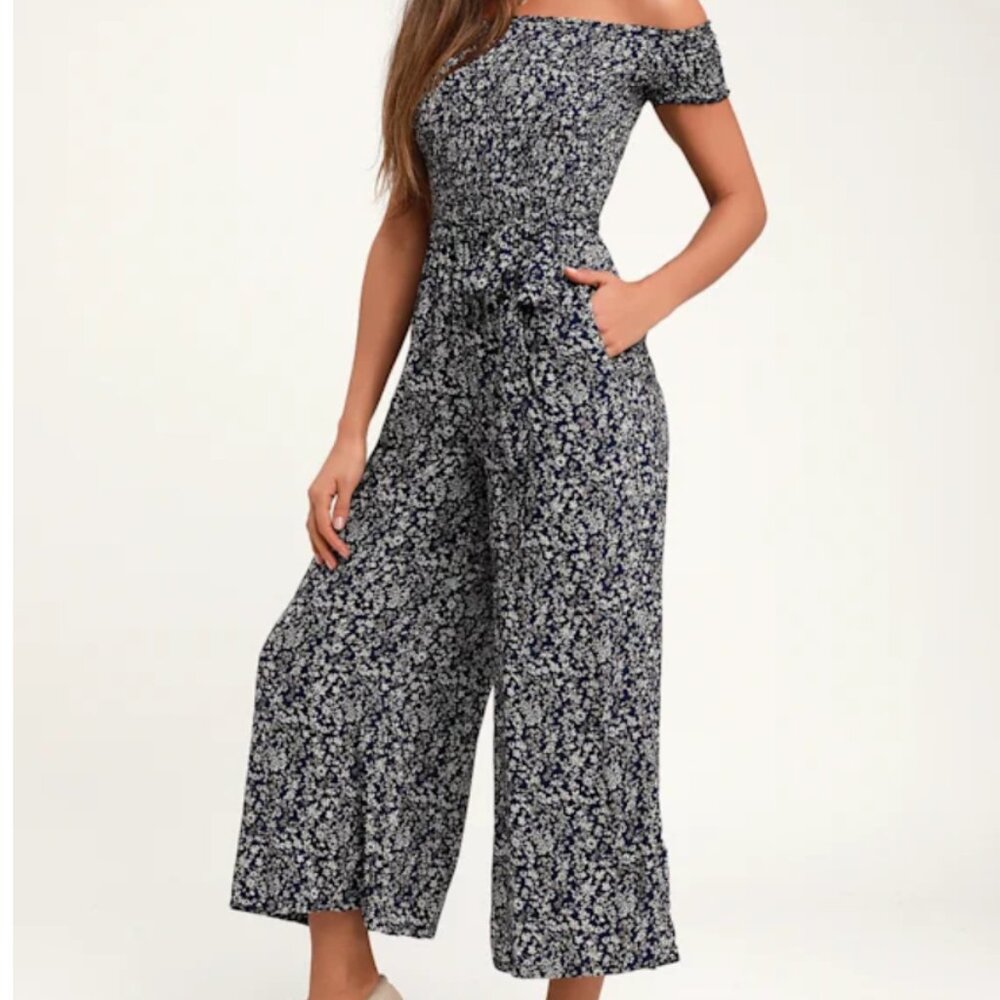 Lulus Behold Navy Blue Floral Print Off-the-shoulder Jumpsuit - Size L